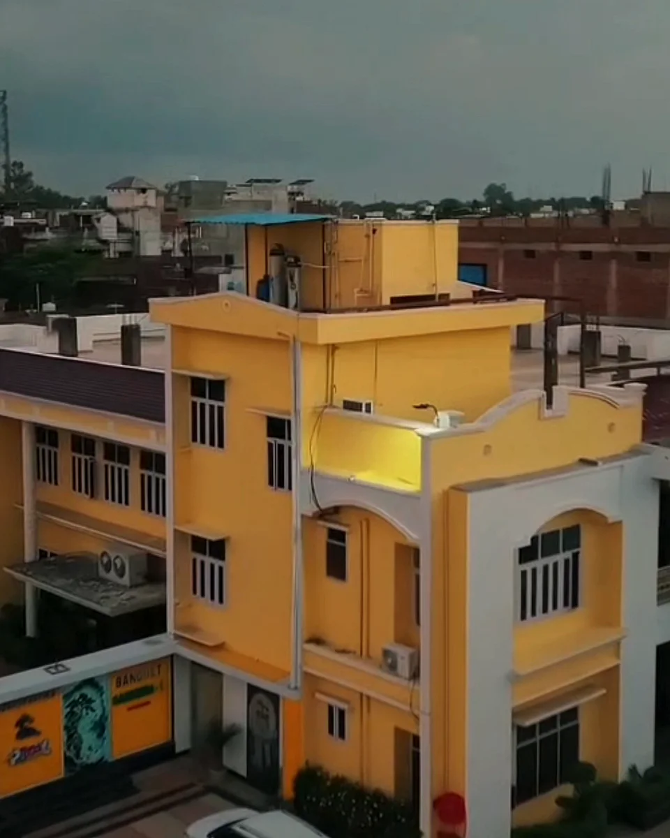 Aerial evening view of the Adarsh Vatika hotel and resort in Ballia