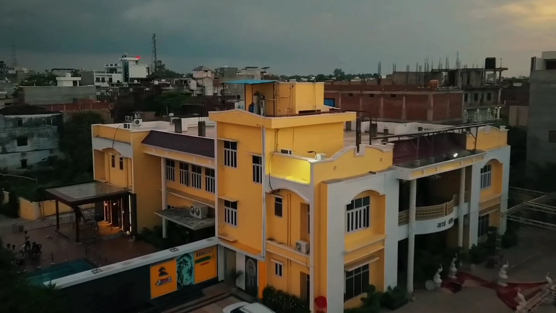 Aerial evening view of the Adarsh Vatika hotel and resort in Ballia